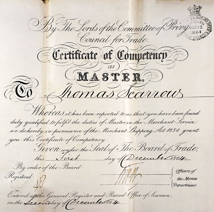 Thomas Scarrow, Master's Certificate of Competency